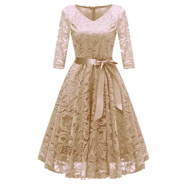 Apricot dress Dawer Me элегантное кружевное платье с v-образным вырезом и короткими рукавами с поясом трапециевидной формы серого цвета Vestidos Свадебные вечерние летние бордовые платья винтажные - Цвет: Apricot dress