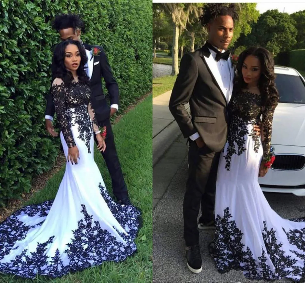 Черный И Белый Аппликация Пром Платья Кружева Длинным Рукавом 2016 Нигерия девушки