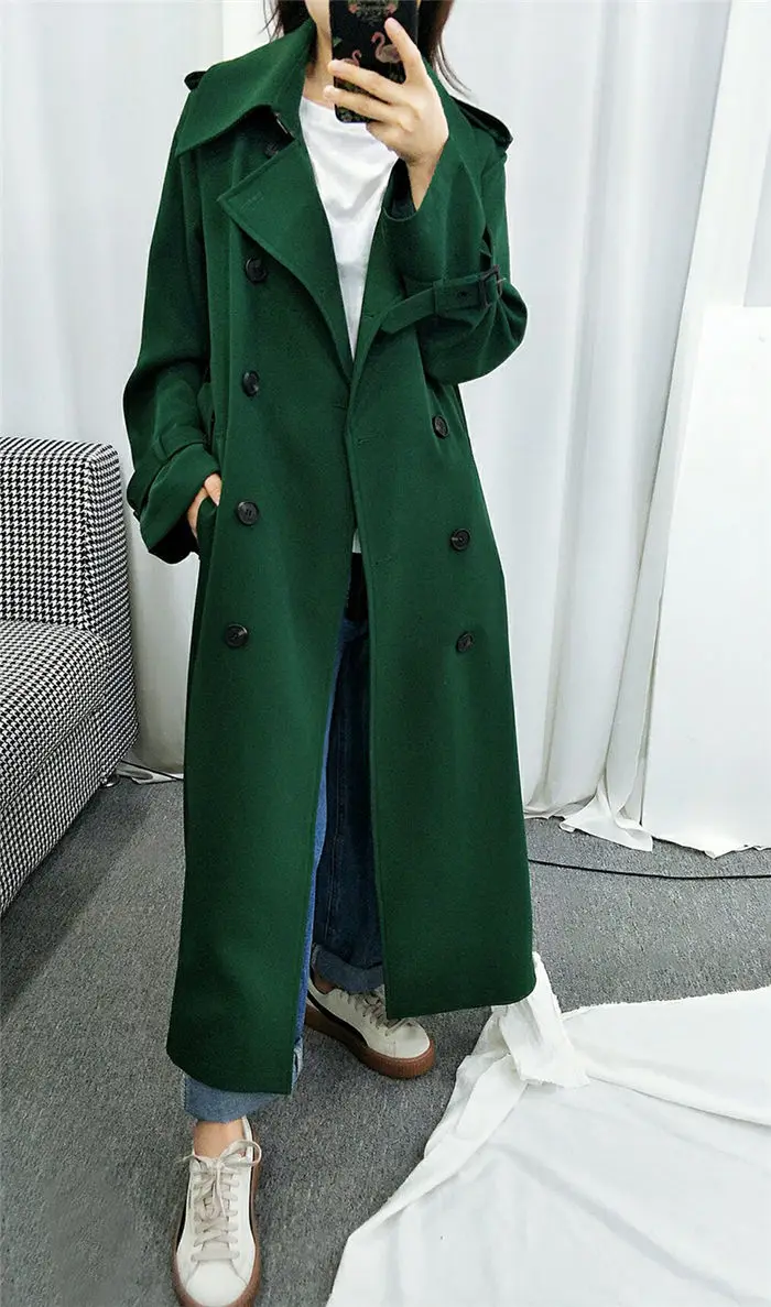 Autumn Fashion Double-breasted Green Windbreaker Korean Casual Jacket Basic Belt Long Coat For Office Ladies Overcoat f1081
