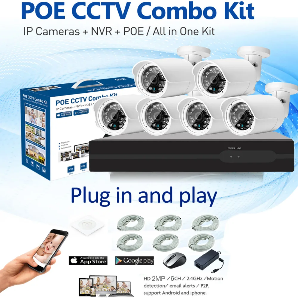 HD 1080 P 6CH POE IP CCTV Системы HDMI NVR по электронной почте спровоцированное перемещением
