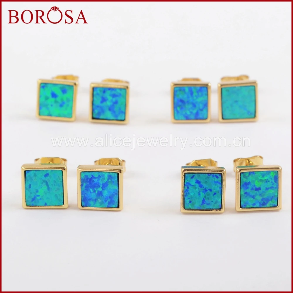 BOROSA 2018 New Collection Earrings! Gold Color Bezel Square Blue Opal Stud Earrings for Women Party Druzy Jewelry Gems ZG0225 | Украшения
