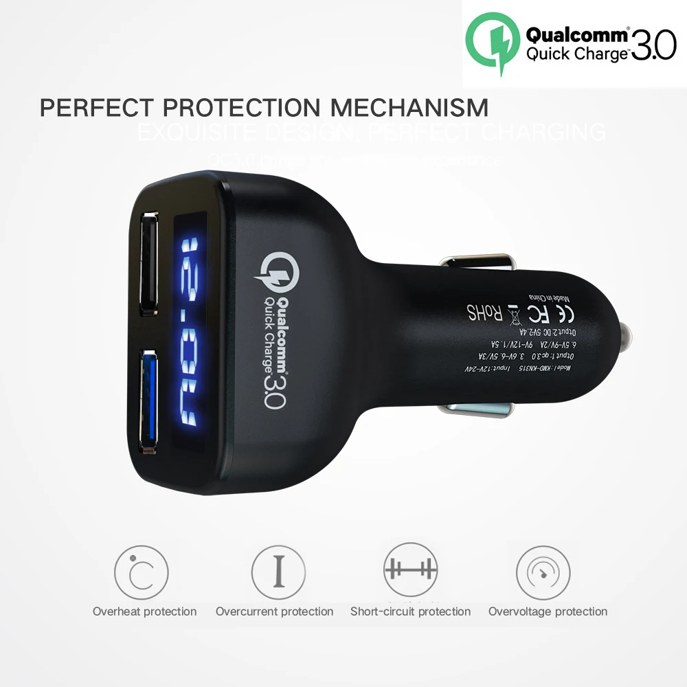 Автомобильное зарядное устройство 2 в 1 с USB портом и дисплеем QC3.0 автомобильное