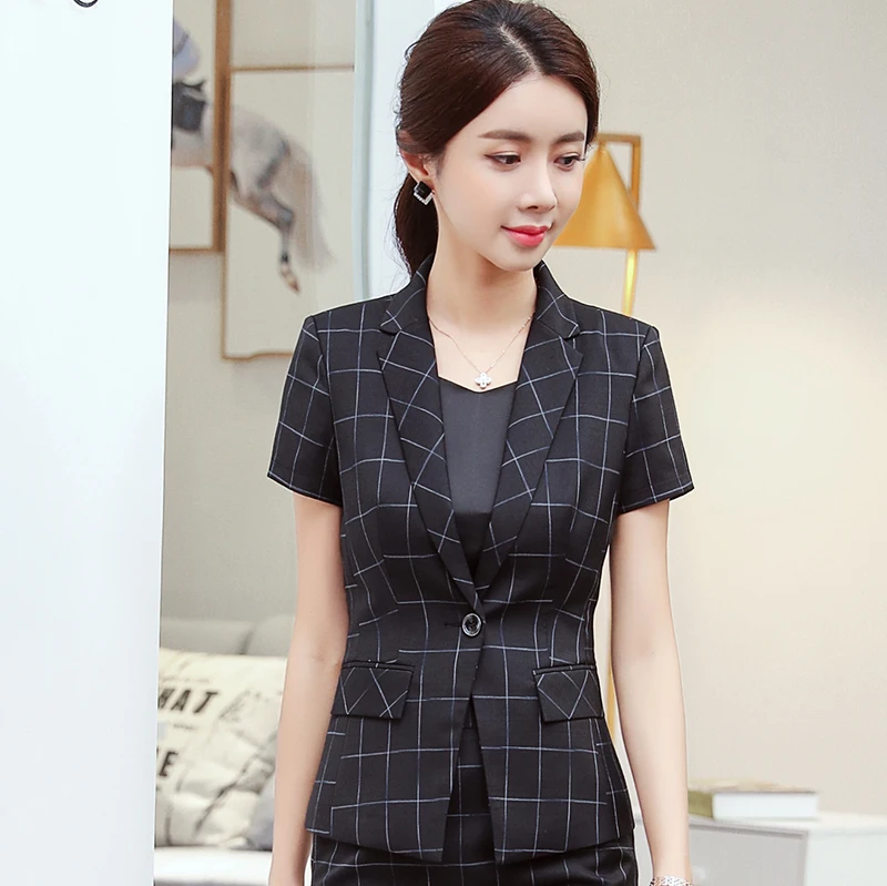 Женские костюмы облегающий летний клетчатый пиджак с коротким рукавом и брюки