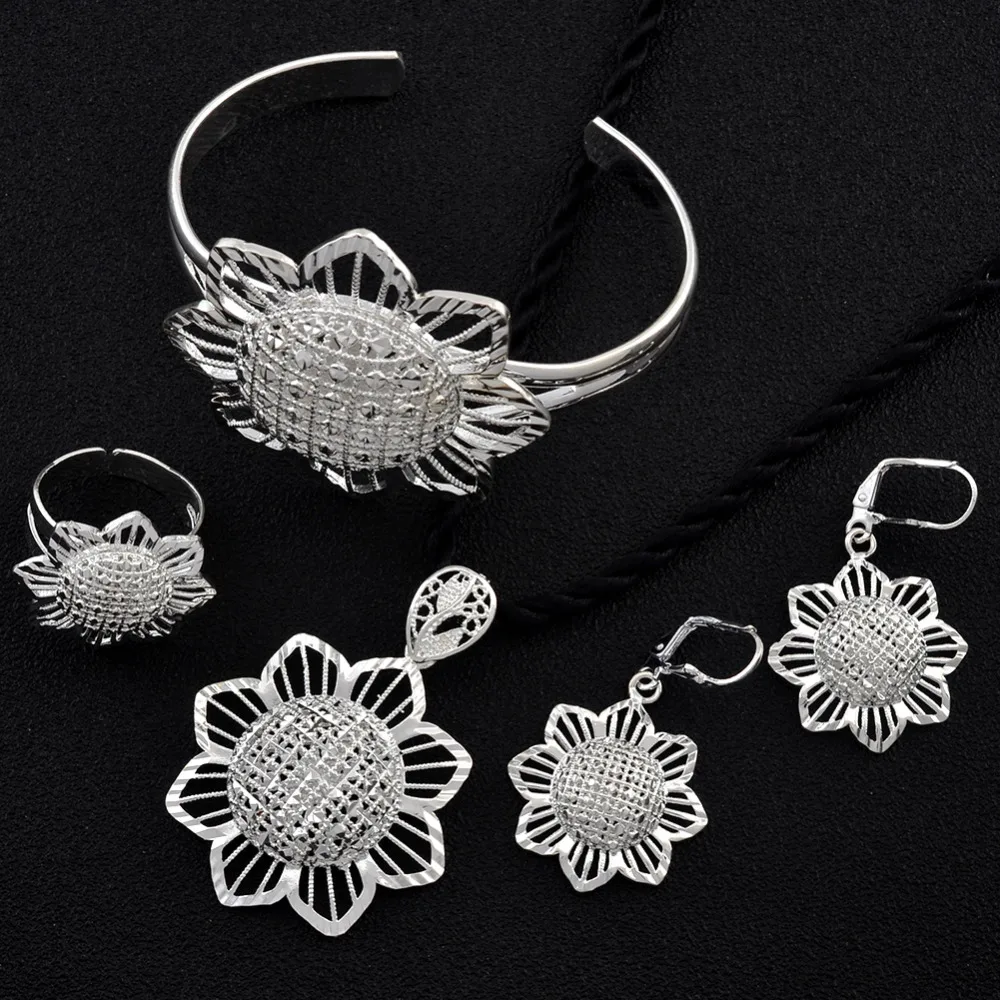 Anniyo Ethiopian set Silver Color Pendant Rope Earrings Ring Bangle Flower Jewelry Wedding African #200106 | Украшения и