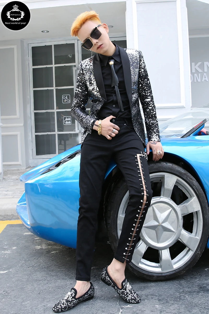 

Fashion spring and summer male suit slim paillette outerwear single breasted top suit