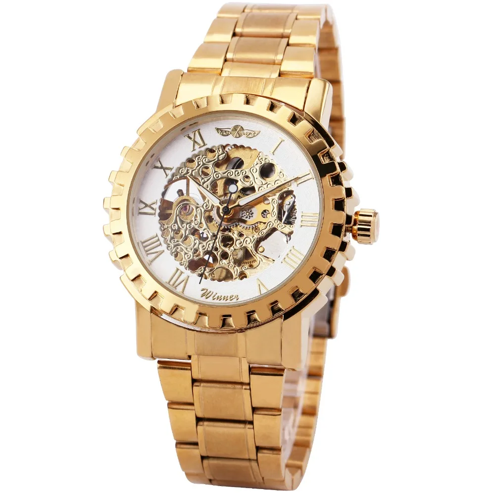 Мужские автоматические механические часы WINNER золотистый ремешок из нержавеющей