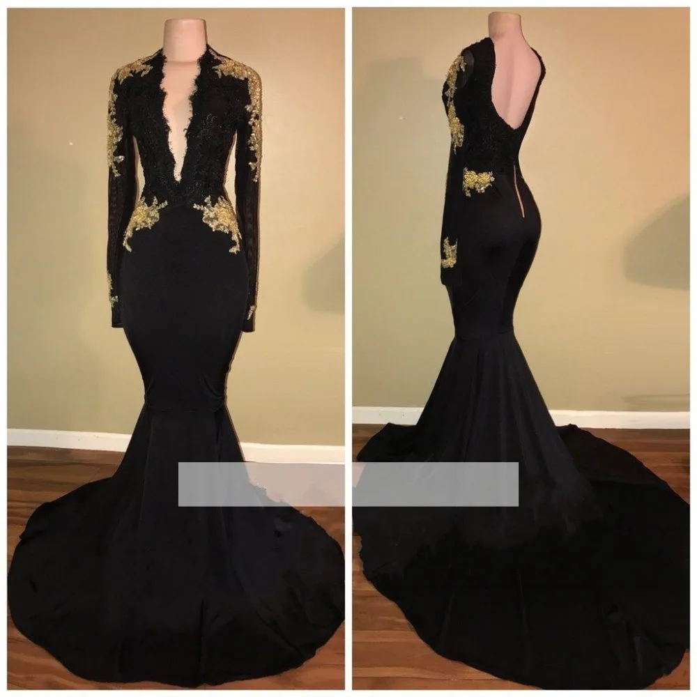 

Black Prom Dresses Mermaid Deep V-neck Appliques Lace Backless Party Long Prom Gown Evening Dresses Robe De Soiree