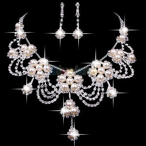 

2020 New fashion Sliver Plated Rhinestone Crystal Faux Pearl Necklace+Earring Jewelry Set For Bride Bridal Wedding A7UR