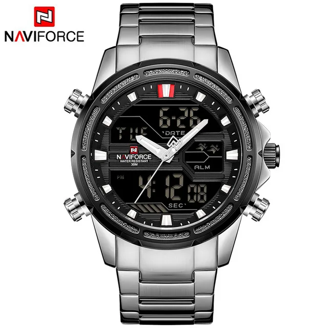 Silver NAVIFORCE Мужские кварцевые светодиодный цифровые часы мужские синие полностью стальные военные наручные часы мужские водонепроницаемые часы - Цвет: Silver