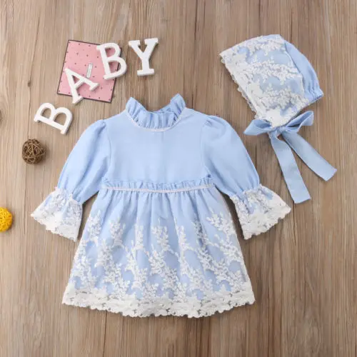 PUDCOCO Newest Toddler Girl Princess Dress Kid Long Sleeve Lace Dresses +Hat Party Wedding Formal Clothes 0-5T | Детская одежда и