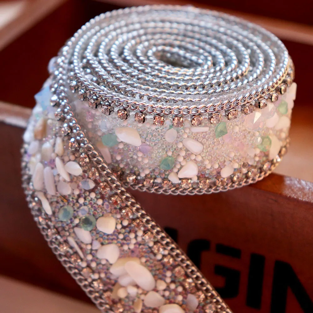 

White Fake Pearl Vintage Beaded Lace Trim Ribbon Iron On Fabric Paillette Lace Beaded Bridal Trim Sew On Braid DIY Lace Applique