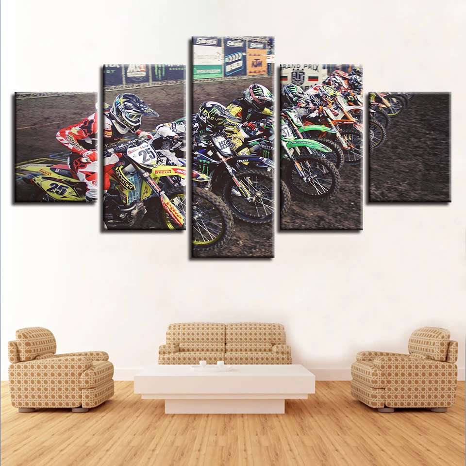 Wall Art Poster Modern Home Decoration Canvas Frame 5 Panel Motorcycle Racing Living Room HD Print Painting Modular Pictures | Дом и сад