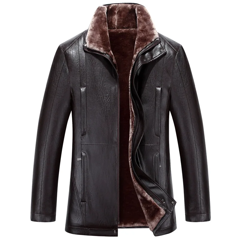 

2019 Men's Stand collar Long Goatskin jacket for Men's Fur one Leather 2018 Winter Faux fur jacket More size M-XXXL 4XL