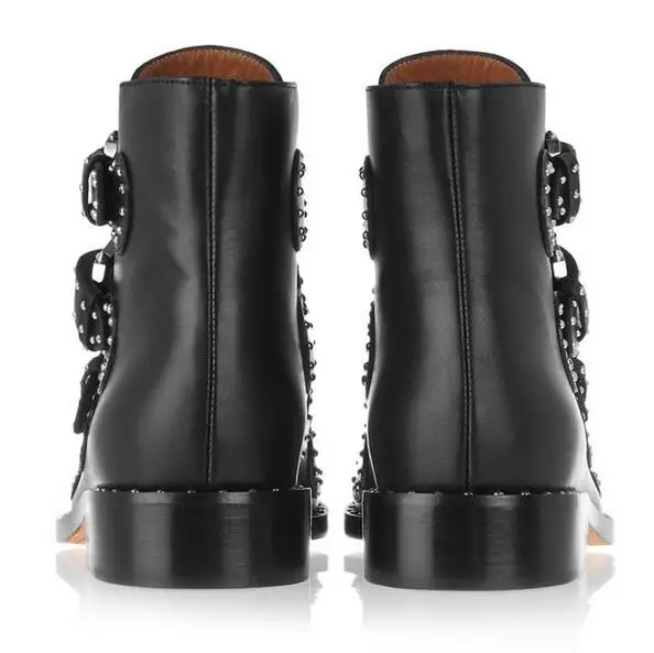 Fashion Brand Rivet Buckle Designer Bootie Female Low Heel Solid Black Leather Ankle Boot Side Zipper Women's Motorcycle Booties