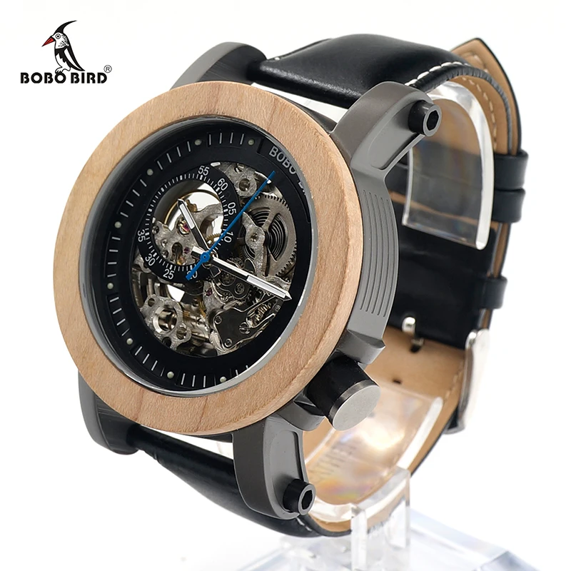BOBO BIRD Maple Wooden Bezel Mechanical Watch Men Hollow Skeleton Automatic Watch with Leather Strap in Gift Box мужские часы