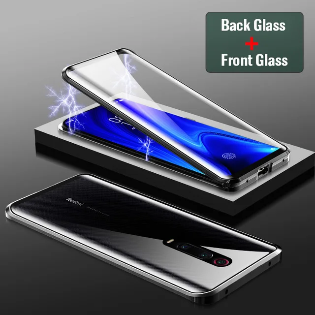 Передняя+ Задняя стеклянная 360 Защитный чехол для Xiaomi mi 9 mi 9 SE 9 T Pro Магнитный адсорбционный металлический корпус для Red mi Note 7 Pro K20 Pro - Цвет: Black Frame