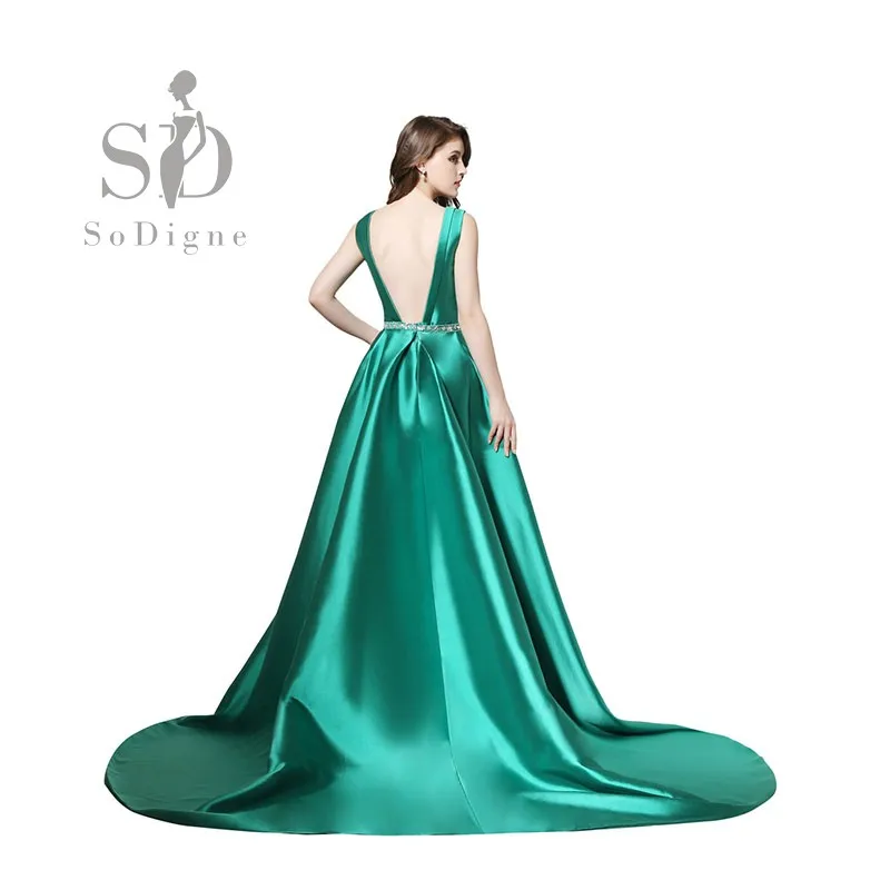 SoDigne Съемные Пром Платья 2017 Изумрудно-Зеленый Вечер Dress Атласная Открыть Назад