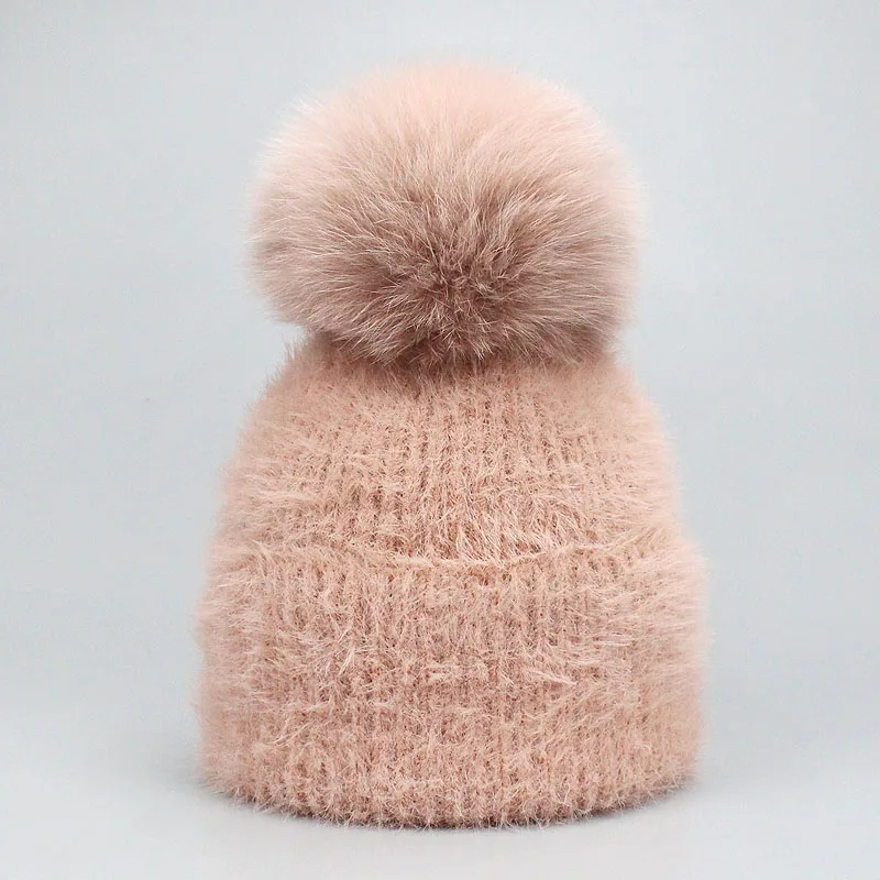 Hat Skin powder Комплект из 2 предметов, новинка, зимняя шапка с лисьим помпоном и кроличьим мехом и шарф для женщин и девочек, Хлопковая женская зимняя вязаная шапка, Повседневная одноцветная - Цвет: Hat Skin powder