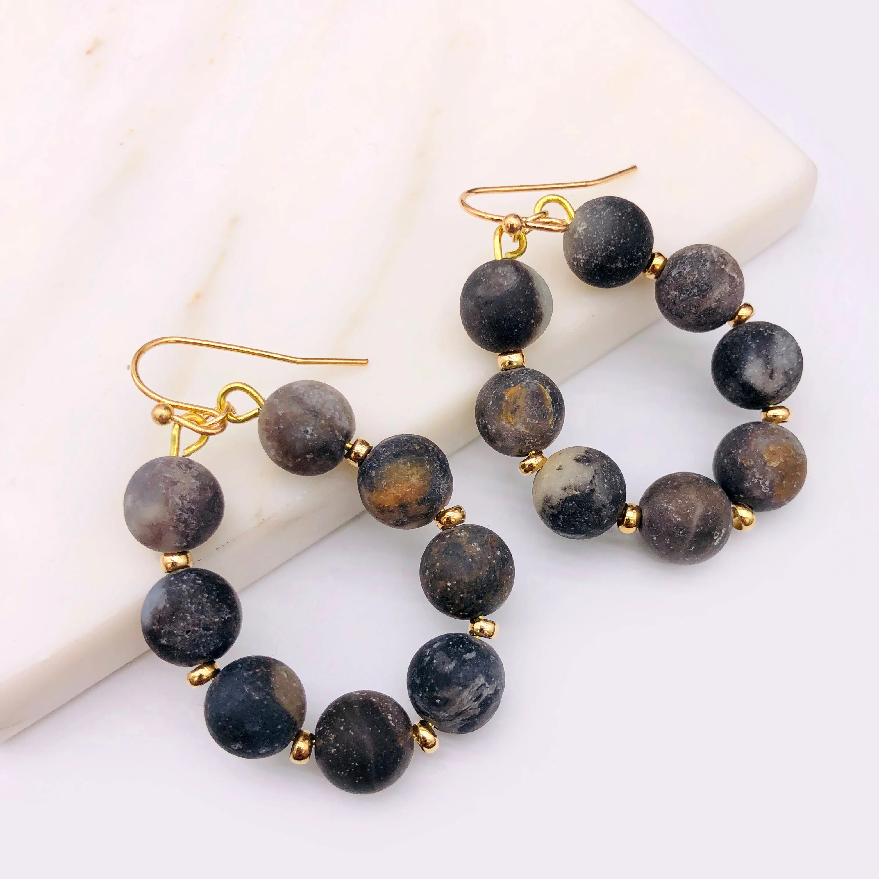 black Цветные Серьги-капли из натурального камня, полудрагоценные камни, розовый, зеленый, коричневый цвета, женские круглые серьги-капли, винтажный подарок - Окраска металла: black