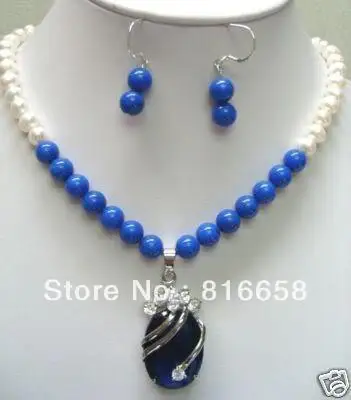 

Pretty !7-8MM White Pearl Lazuli Lapis Beads Necklace Earing Set