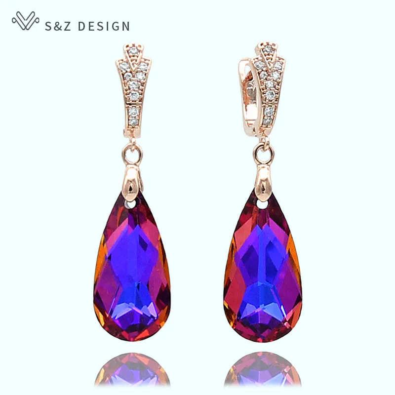 Purplish red S& Z, новинка, 6 цветов, имитация хрусталя, длинная водяная капля, висячие серьги, 585, золотой цвет, для женщин, Свадебная вечеринка, подарок, ювелирное изделие - Окраска металла: Purplish red