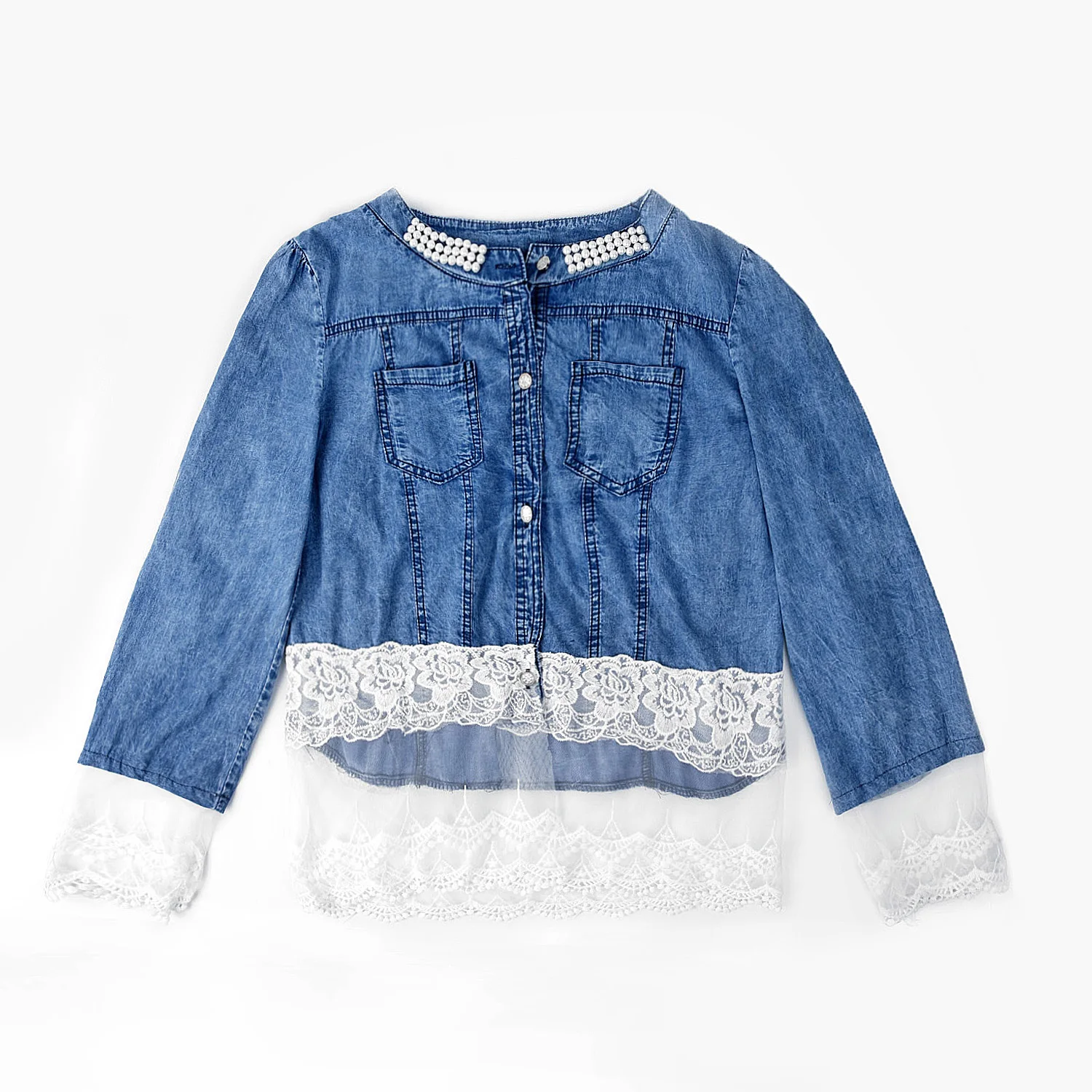 Женская джинсовая куртка кружевные джинсовые пальто с жемчужным воротником