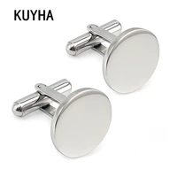 men metal engrave logo stainless steel round cufflinks blanks silver color plain cuff links button one pair