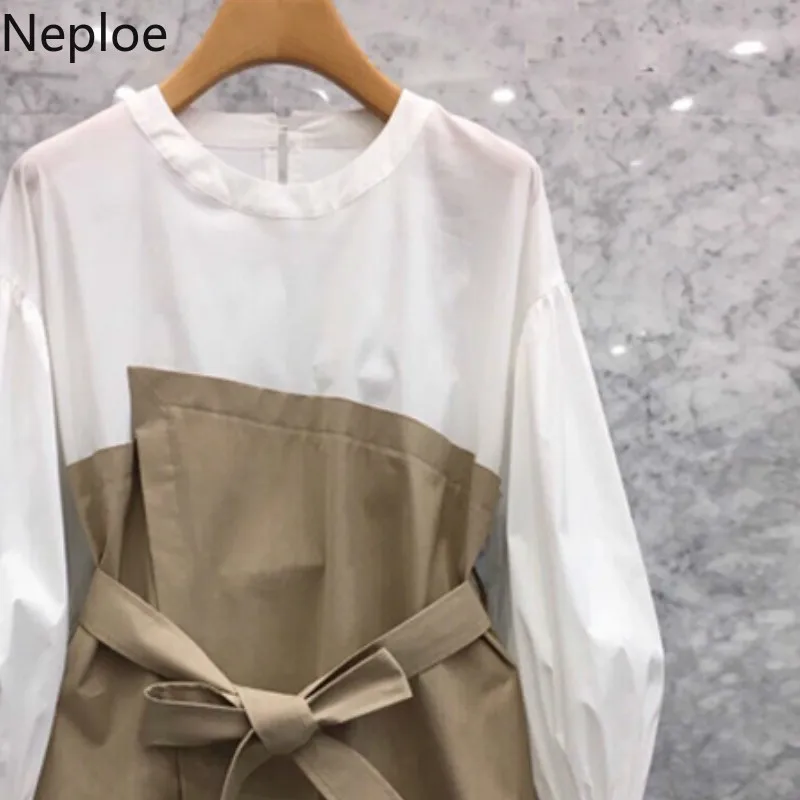Neploe/корейские модные блузки с длинными рукавами Лоскутная повязка Туника Топы женские Blusas женские шорты Свободного Покроя Новинка женская одежда