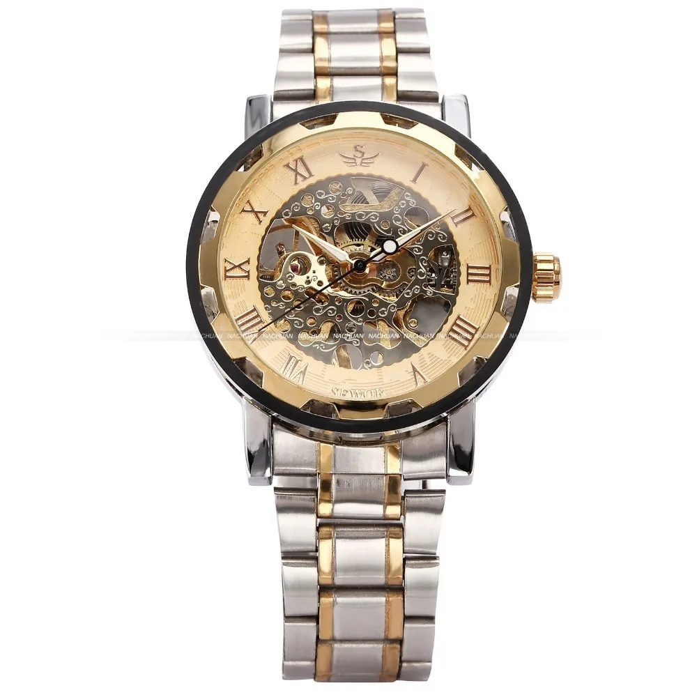 SEWOR Men Gold Black Skeleton Dial Clock Stainless Steel Strap Montre Homme Casual Mechanical Watch Mens Military Wristwatches | Наручные
