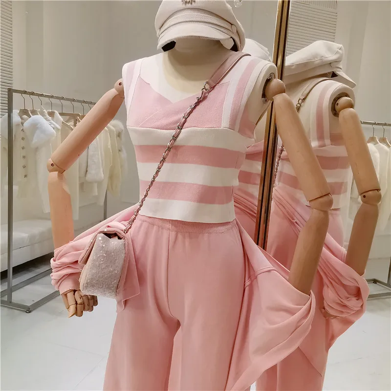 ALPHALMODA женские весенние комплекты полосатый жилет на подтяжках+ тонкий кардиган с длинными рукавами+ широкие брюки 3 предмета вязаный костюм