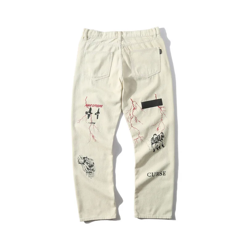 Мужские белые джинсы винтажные с графическим принтом большие размеры хип хоп