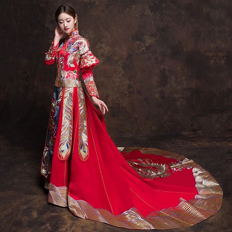 Элегантное платье в пол Cheongsam Красная Вышивка Феникс китайская невеста свадебное платье Vestidos традиционное цветочное Ципао