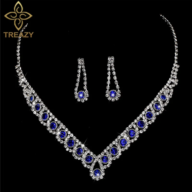 royal blue TREAZY, новинка, королевский синий кристалл, Свадебные Ювелирные наборы, стразы, колье, ожерелье, серьги, женские свадебные ювелирные наборы - Окраска металла: royal blue