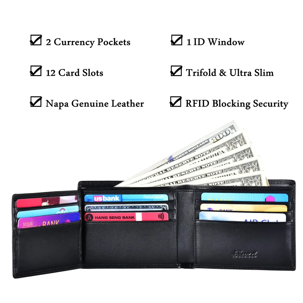 Мужские RFID Блокировка trifold бумажник натуральная кожа безопасности держатель