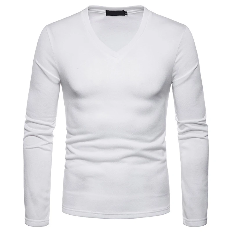 Классическая однотонная футболка с V образным вырезом Мужская зимняя бархатная