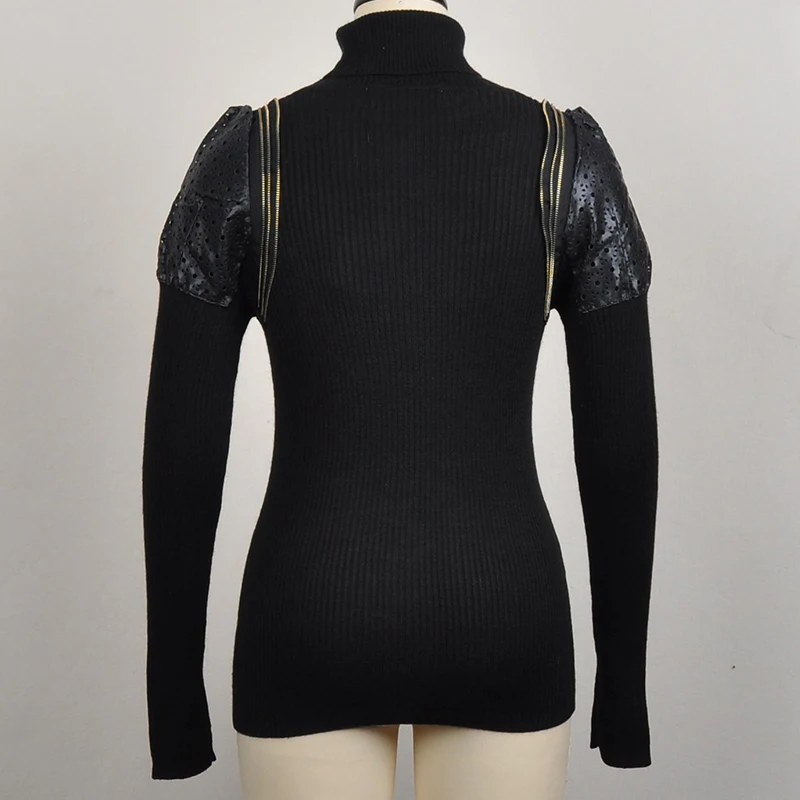 2018 Autumn Black Long Sleeve Women Slim Turtleneck Sweater PU Leather Shoulder Pure Color Office Lady Knitting Pullovers FSJQ47 | Женская
