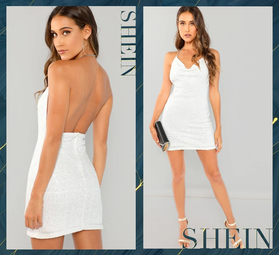 SHEIN Вечернее Платье С Открытой Спиной, Стильное Платье На Бретельках, Облегающее Мини Платье С Блестками