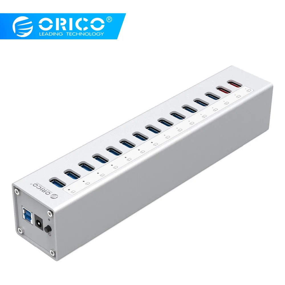 ORICO a3h13p2 Алюминий 13 Порты USB3.0 концентратор с 2 зарядки Порты 5v2. 4A супер Зарядное устройство/5V1A Универсальный-серебро