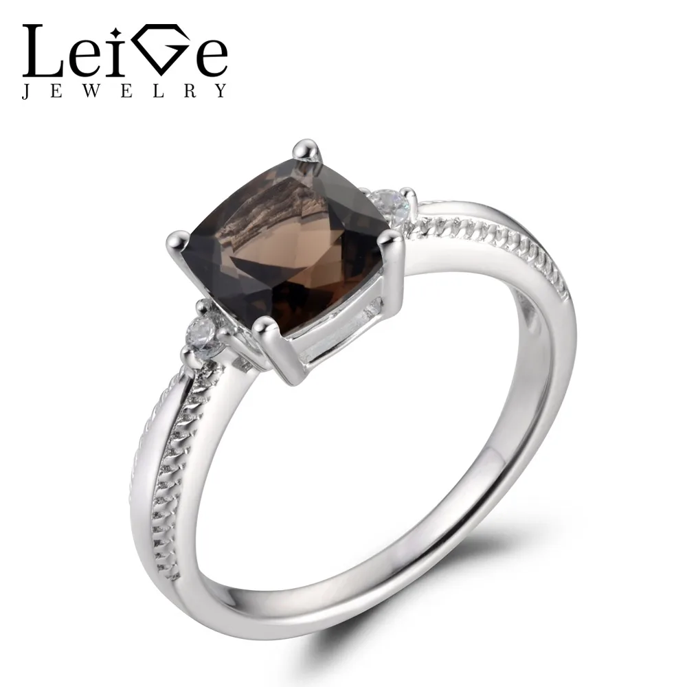 

Leige Jewelry Natural Brown Color Smoky Quartz Gemstone Cushion Shape Prong Setting Career Rings With Stone 925 Sterling Silver