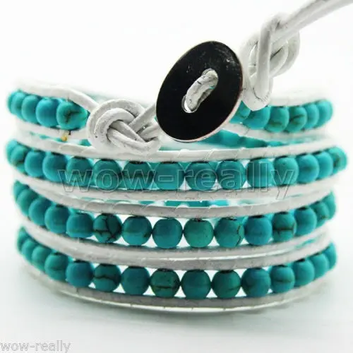 Горячая Мода леди ювелирные изделия Синий Бирюзовый бисер белый кожаный