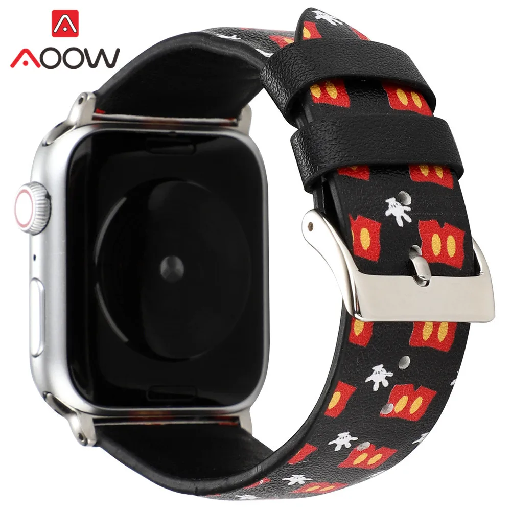 Кожаный ремешок для часов с мультяшным принтом для Apple Watch 40 мм 44 мм 38 мм 42 мм Микки браслет с подвеской в виде мыши ремешок для iWatch 1 2 3 4