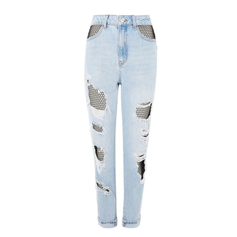 Женские джинсы лоскутное сетчатые Рваные Отбеленные джинсовые брюки ажурные
