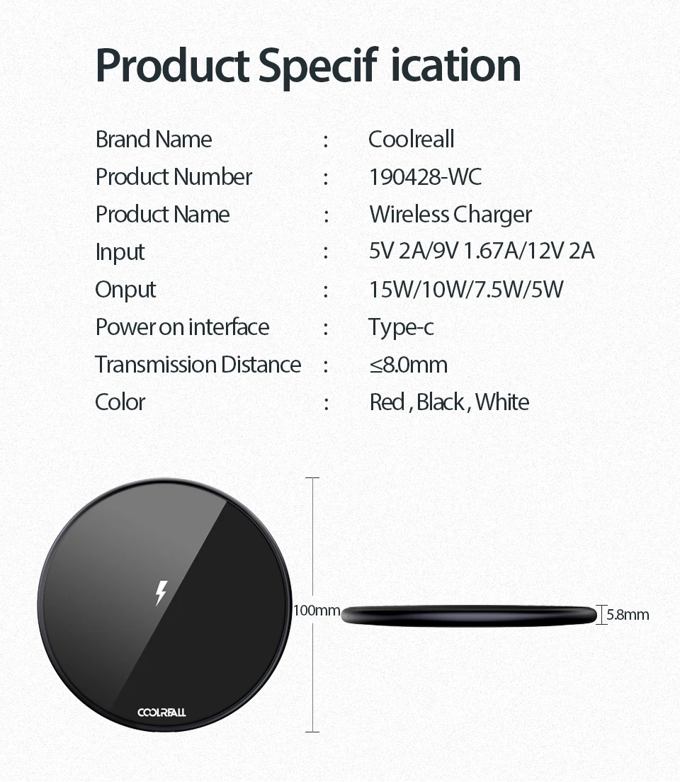 Coolreall 15 Вт Qi Беспроводное зарядное устройство для samsung S9 S10 iPhone X XS MAX XR 8 Plus для Xiaomi 9 huawei P30 pro 10 Вт Беспроводная зарядка