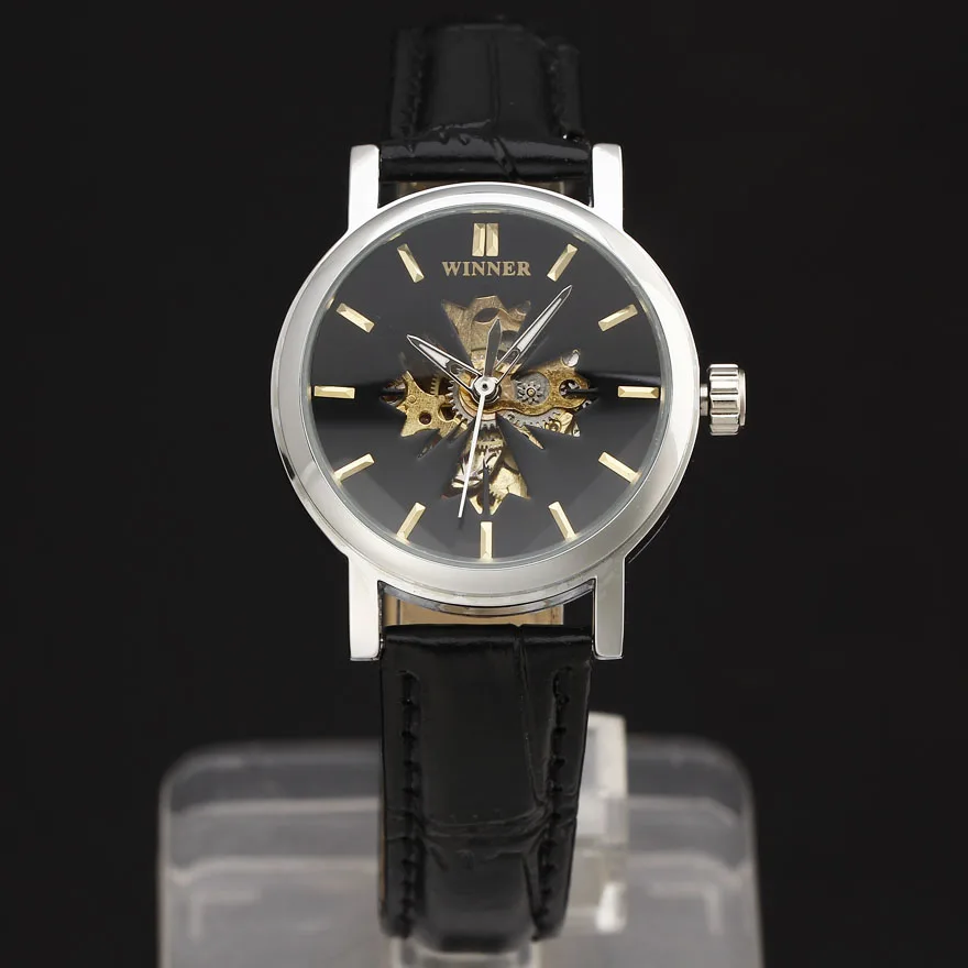 Победитель Марка Для женщин Часы скелет механические Женские часы черный