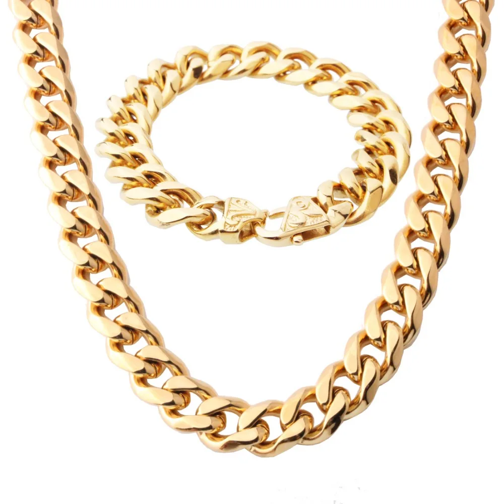 

15MM Punk Heavy 316L Stainless Steel Gold Color Cuban Curb Link Chain Men's Boy's Necklace 23.6" And Bracelet 8.66" Jewelry Sets