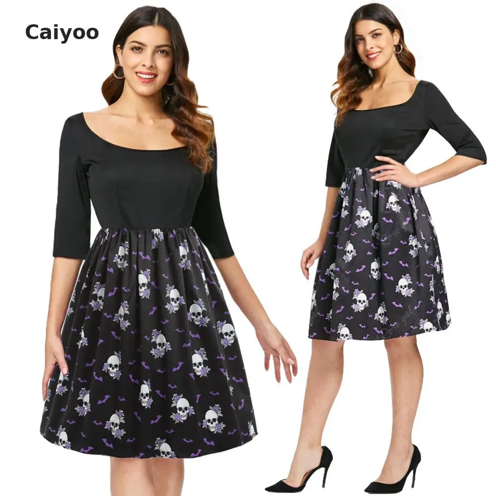 Summer Dress Sale Bud Half None Knee-length Regular O-neck Ukraine Plus Size 2018 New Halloween Middle Sleeve Skull Print | Женская