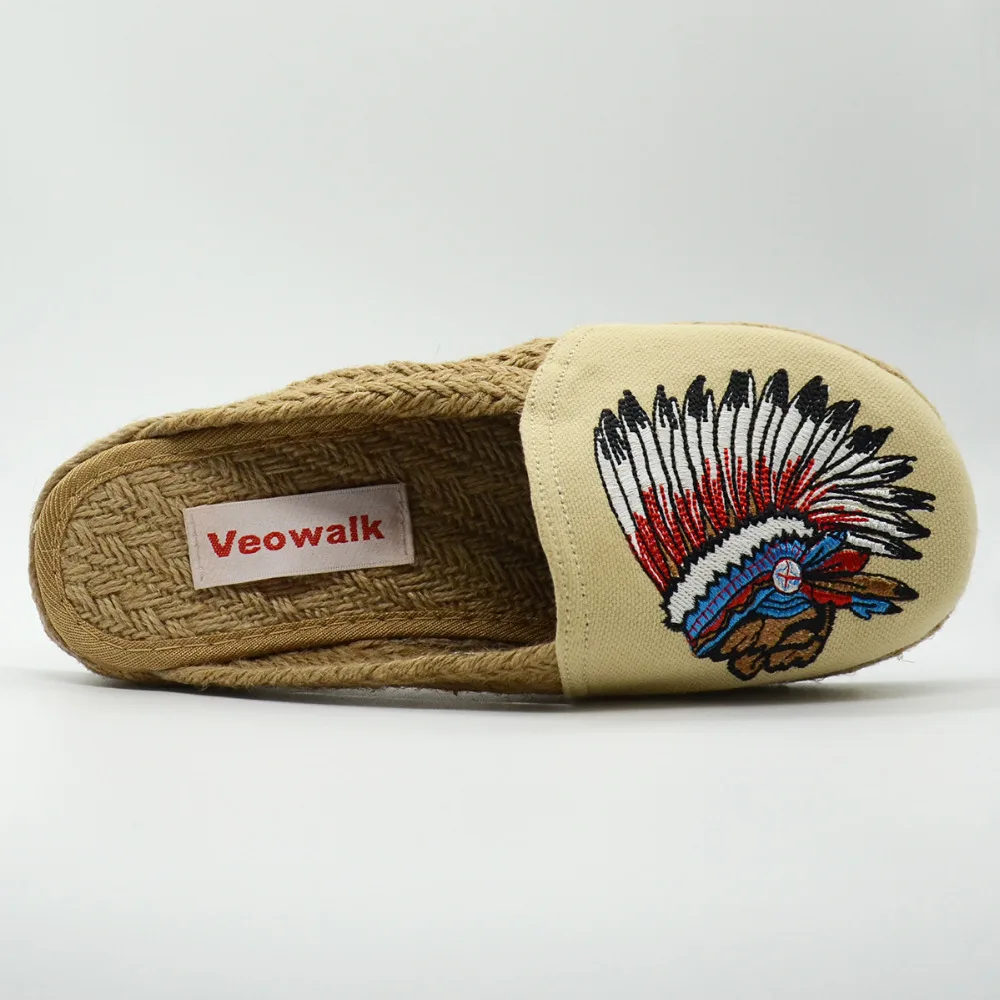 Veowalk/женские хлопковые тапочки с вышивкой в индийском стиле; женские шлепанцы без застежек на плоской подошве; летние сандалии из конопли; женская парусиновая обувь