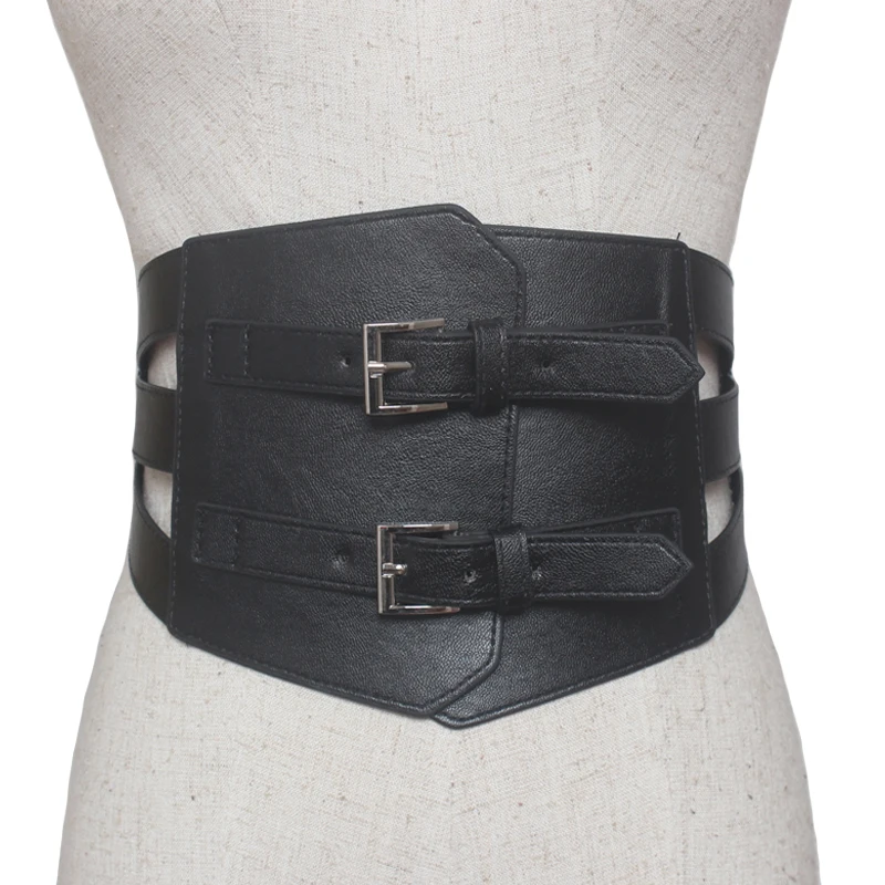 New brand desgin hollow out Leather Belts metal Double Pin Buckle Wide Belt For Women Fashion Dress Decoration Female Cummerbund