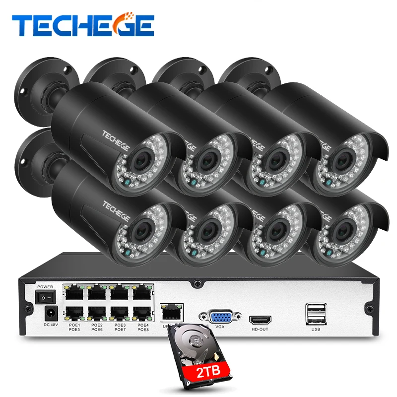Techege 8CH NVR 48 V POE 1080 P CCTV система протокола ONVIF P2P 2MP HD IP Камера открытый