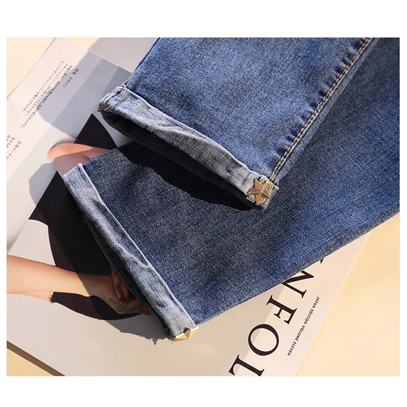 

JUJULAND Women`s Plus Size High Waist Washed Light Blue True Denim Pants Boyfriend Jean Femme For Women Jeans 8026